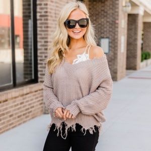 Pink Lily Taupe Distressed Sweater